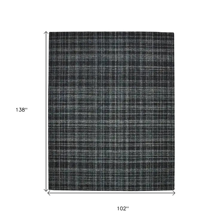9' X 12' Black Ivory And Charcoal Wool Plaid Hand Tufted Area Rug