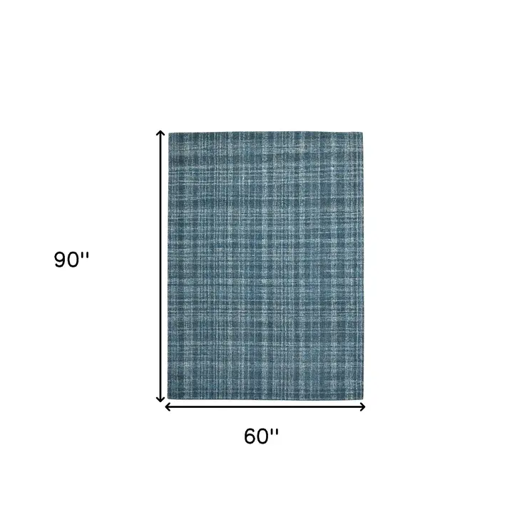 5' X 7' Turquoise Gray And Ivory Wool Plaid Hand Tufted Area Rug