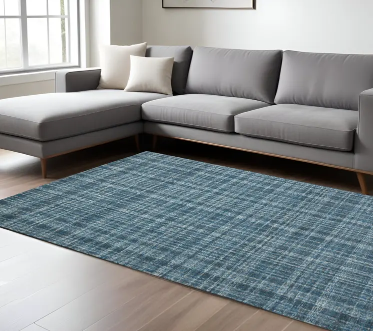 8' X 10' Turquoise Gray And Ivory Wool Plaid Hand Tufted Area Rug