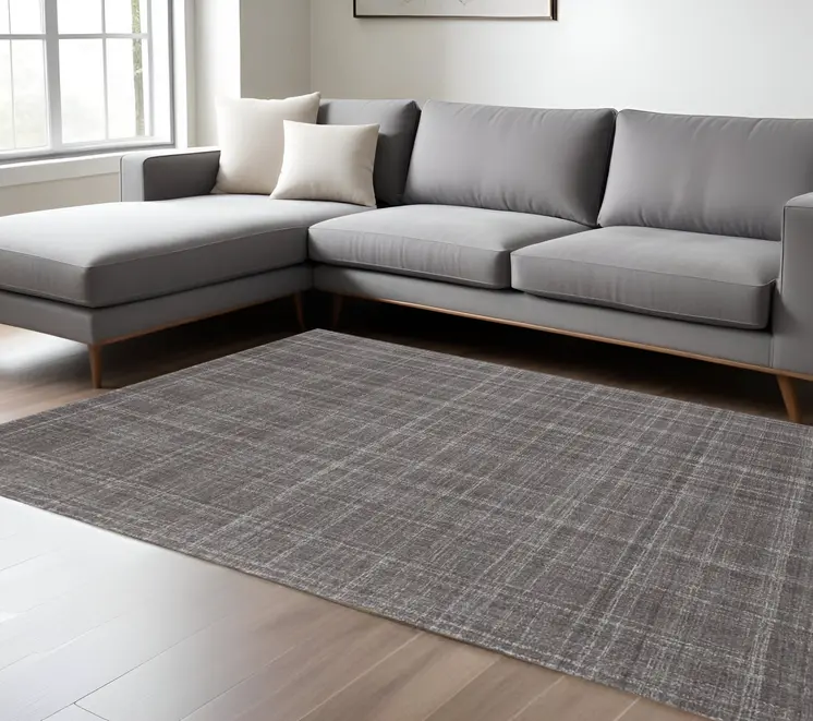 9' X 12' Graphite And Ivory Wool Plaid Hand Tufted Area Rug