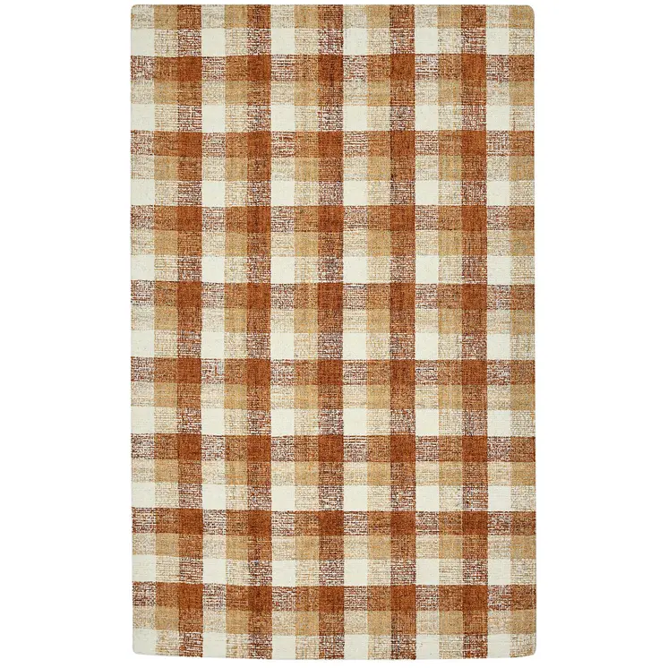2' X 3' Orange Beige And Brick Red Wool Plaid Hand Tufted Area Rug