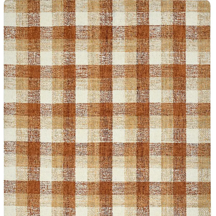 2' X 3' Orange Beige And Brick Red Wool Plaid Hand Tufted Area Rug
