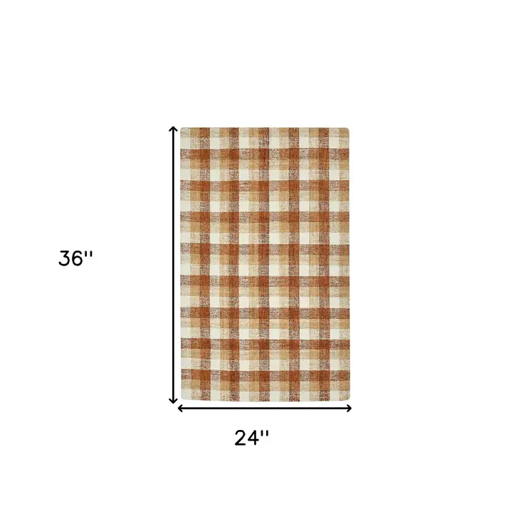 2' X 3' Orange Beige And Brick Red Wool Plaid Hand Tufted Area Rug
