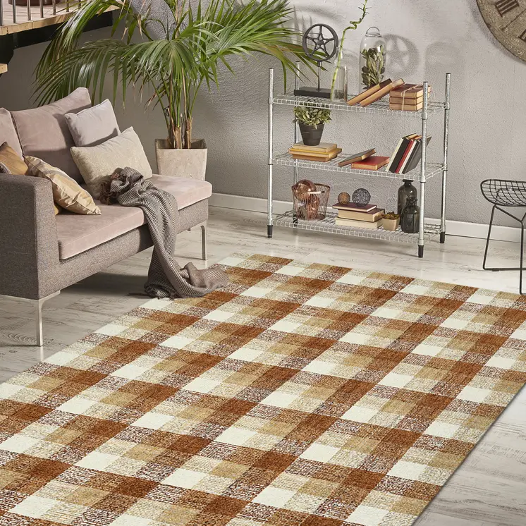 2' X 3' Orange Beige And Brick Red Wool Plaid Hand Tufted Area Rug