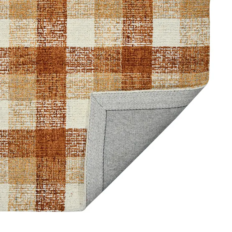 2' X 3' Orange Beige And Brick Red Wool Plaid Hand Tufted Area Rug