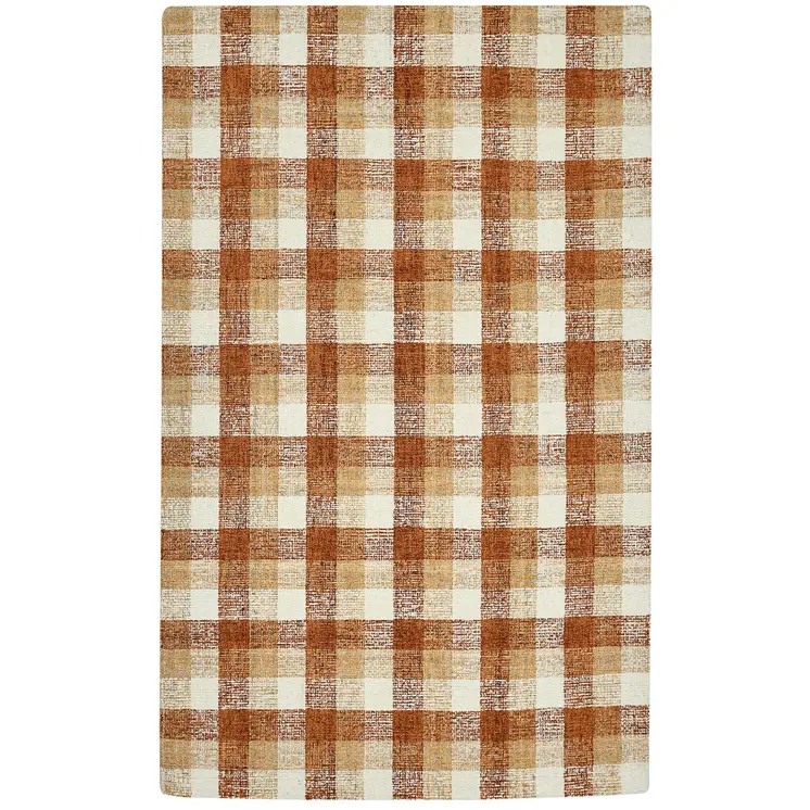 2' X 3' Orange Beige And Brick Red Wool Plaid Hand Tufted Area Rug