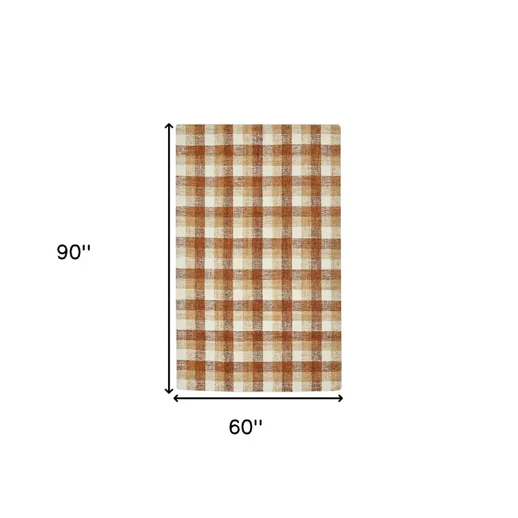 5' X 7' Orange Beige And Brick Red Wool Plaid Hand Tufted Area Rug