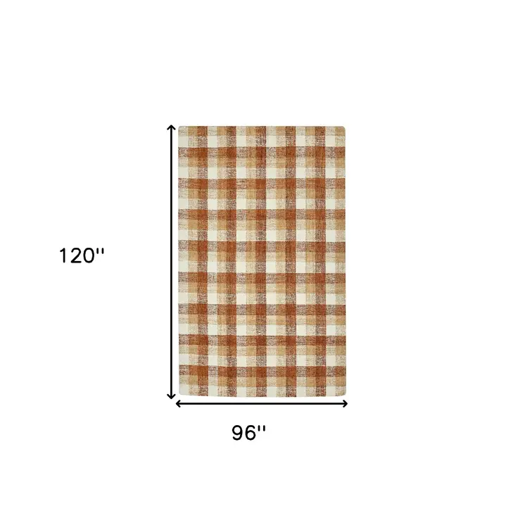 8' X 10' Orange Beige And Brick Red Wool Plaid Hand Tufted Area Rug
