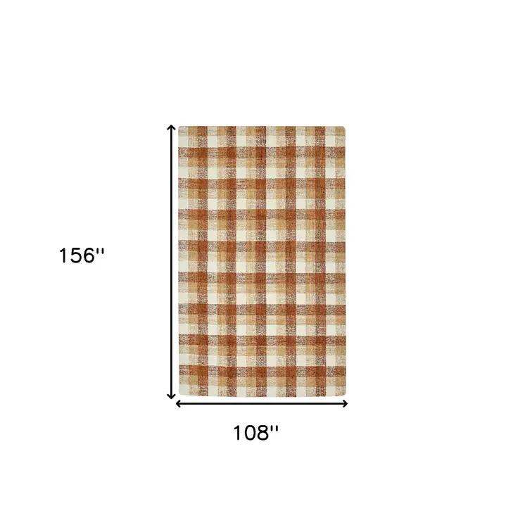9' X 13' Orange Beige And Brick Red Wool Plaid Hand Tufted Area Rug