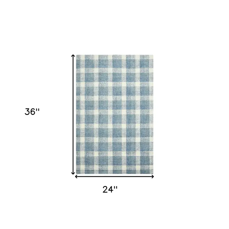 2' X 3' Blue And Ivory Wool Plaid Hand Tufted Area Rug
