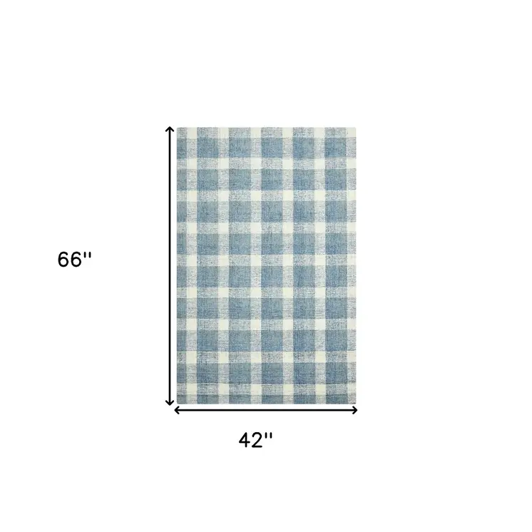 4' X 6' Blue And Ivory Wool Plaid Hand Tufted Area Rug