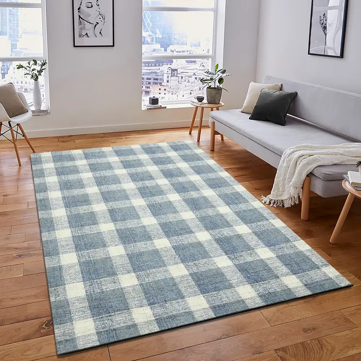 4' X 6' Blue And Ivory Wool Plaid Hand Tufted Area Rug