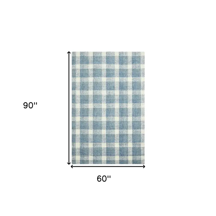 5' X 7' Blue And Ivory Wool Plaid Hand Tufted Area Rug