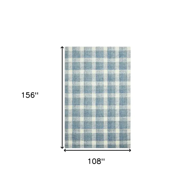 9' X 13' Blue And Ivory Wool Plaid Hand Tufted Area Rug