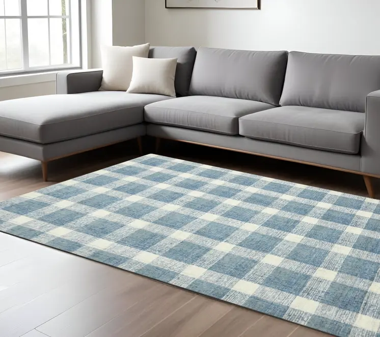 9' X 13' Blue And Ivory Wool Plaid Hand Tufted Area Rug