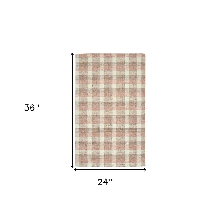 2' X 3' Pink And Ivory Wool Plaid Hand Tufted Area Rug