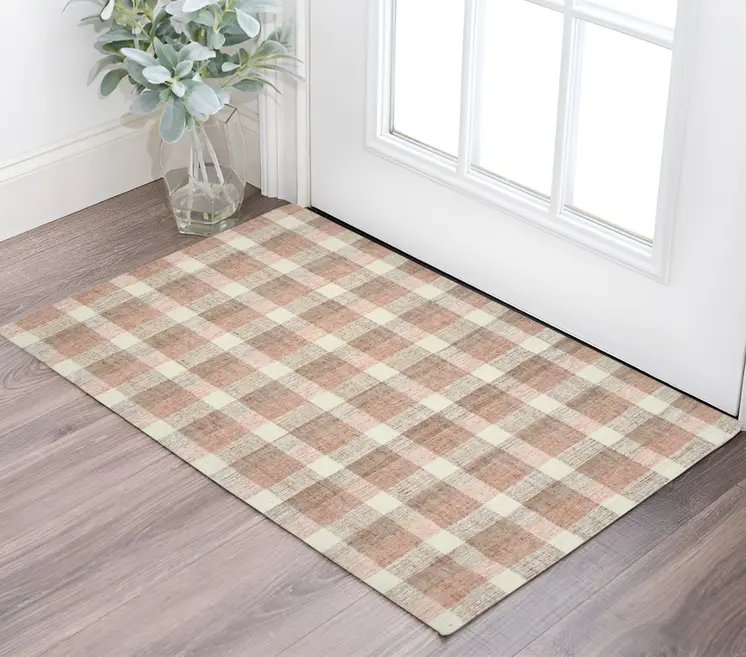2' X 3' Pink And Ivory Wool Plaid Hand Tufted Area Rug
