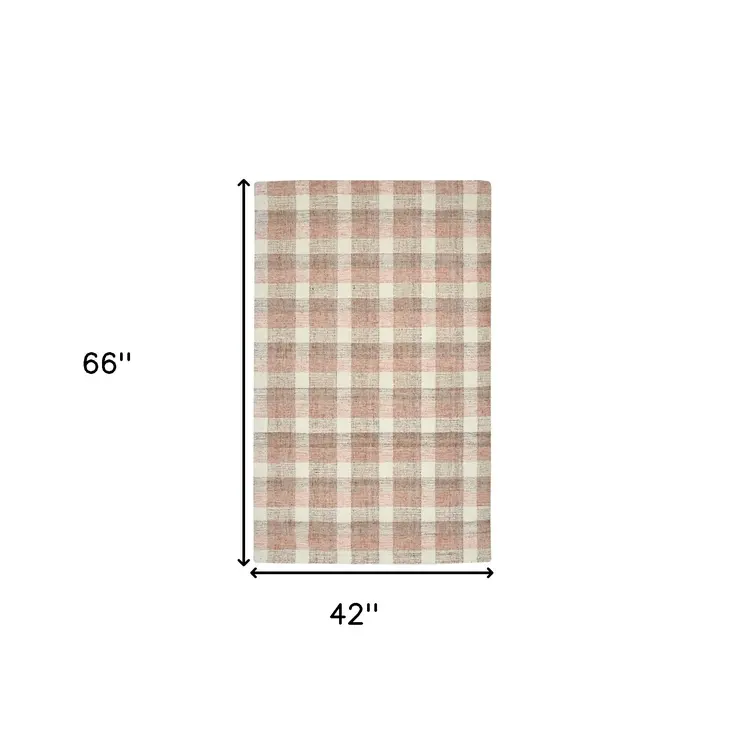 4' X 6' Pink And Ivory Wool Plaid Hand Tufted Area Rug