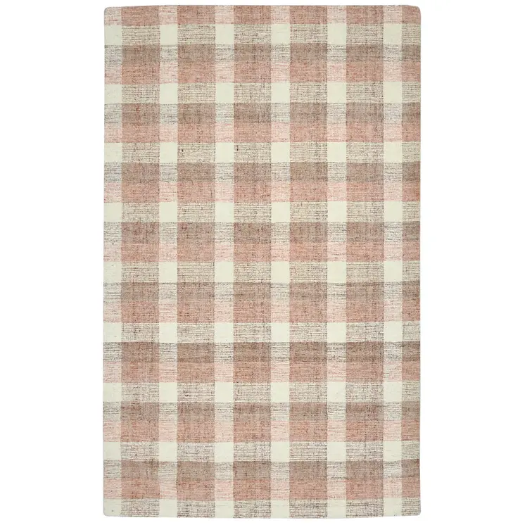 5' X 7' Pink And Ivory Wool Plaid Hand Tufted Area Rug