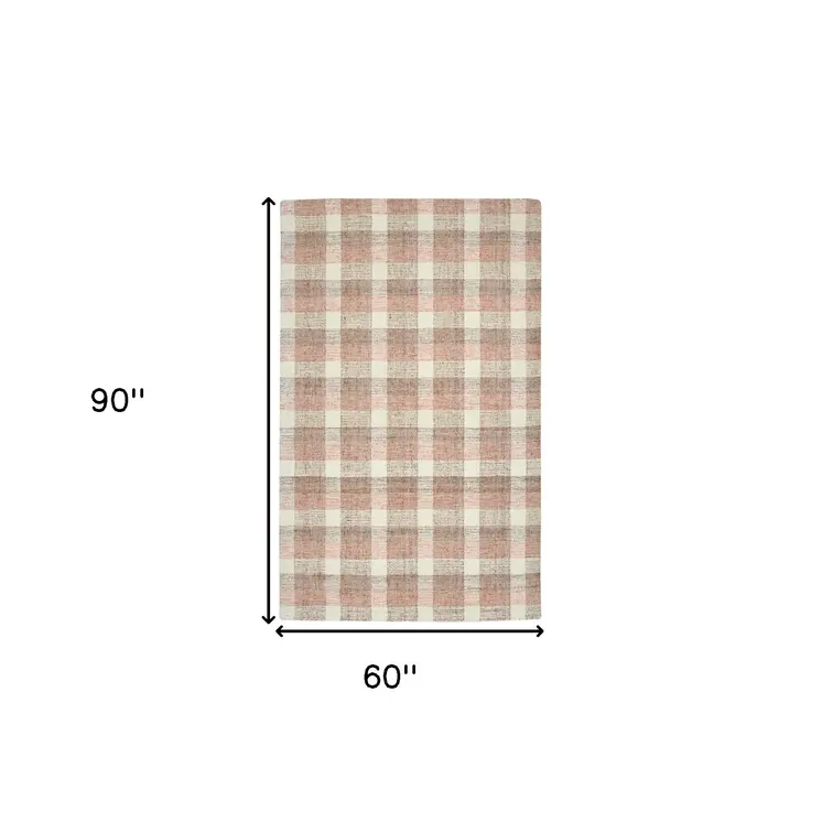 5' X 7' Pink And Ivory Wool Plaid Hand Tufted Area Rug