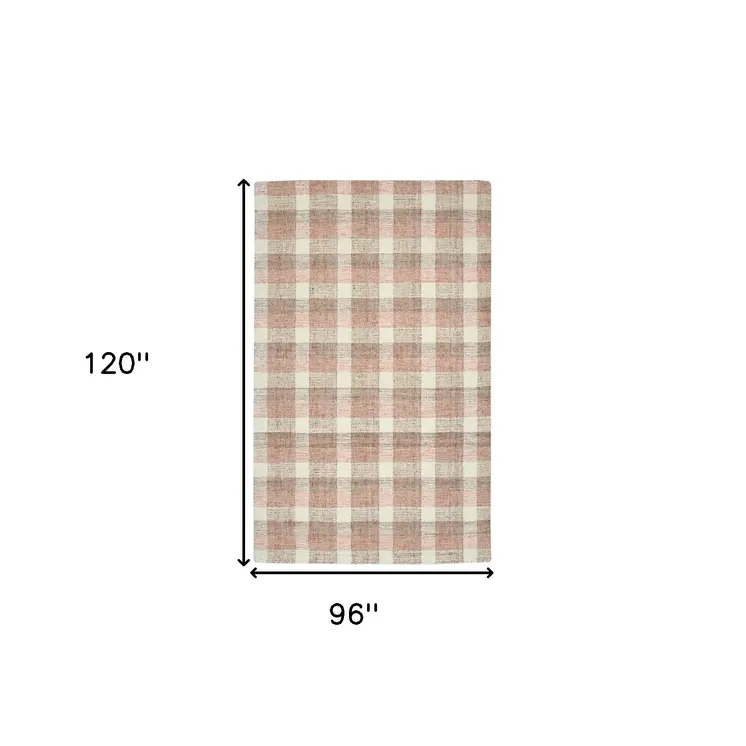 8' X 10' Pink And Ivory Wool Plaid Hand Tufted Area Rug