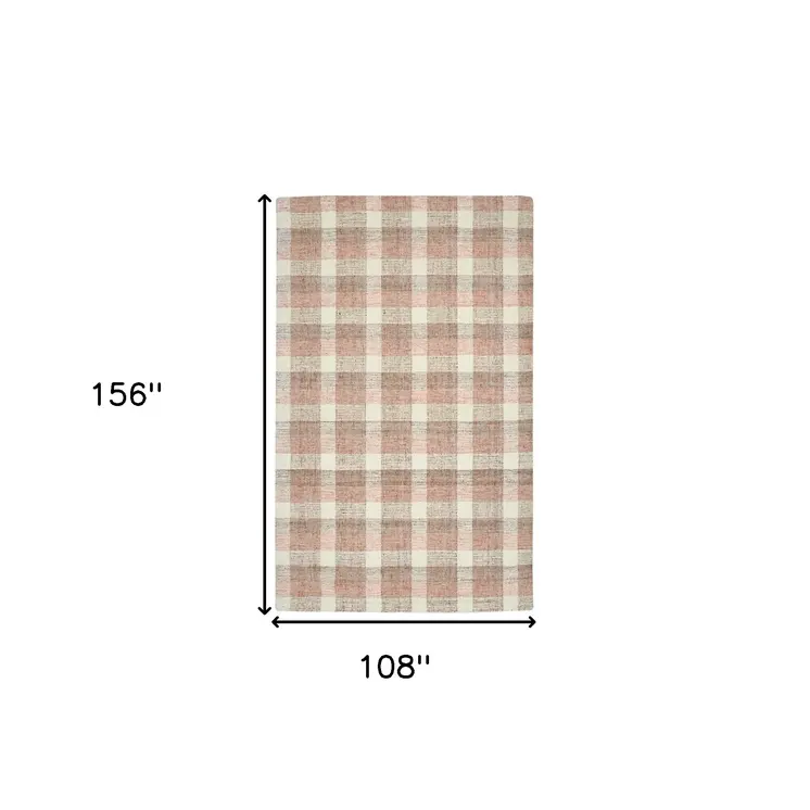 9' X 13' Pink And Ivory Wool Plaid Hand Tufted Area Rug