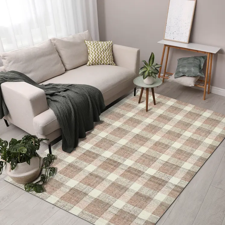 9' X 13' Pink And Ivory Wool Plaid Hand Tufted Area Rug