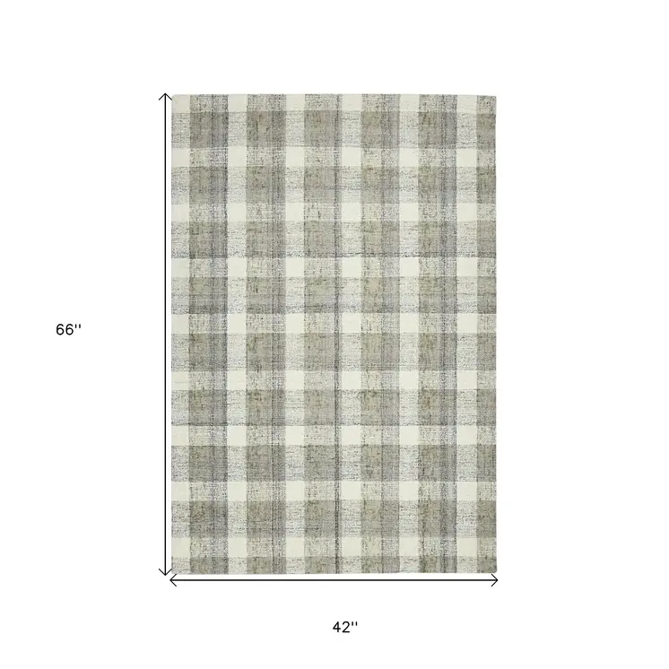 4' X 6' Gray And Ivory Wool Plaid Hand Tufted Area Rug