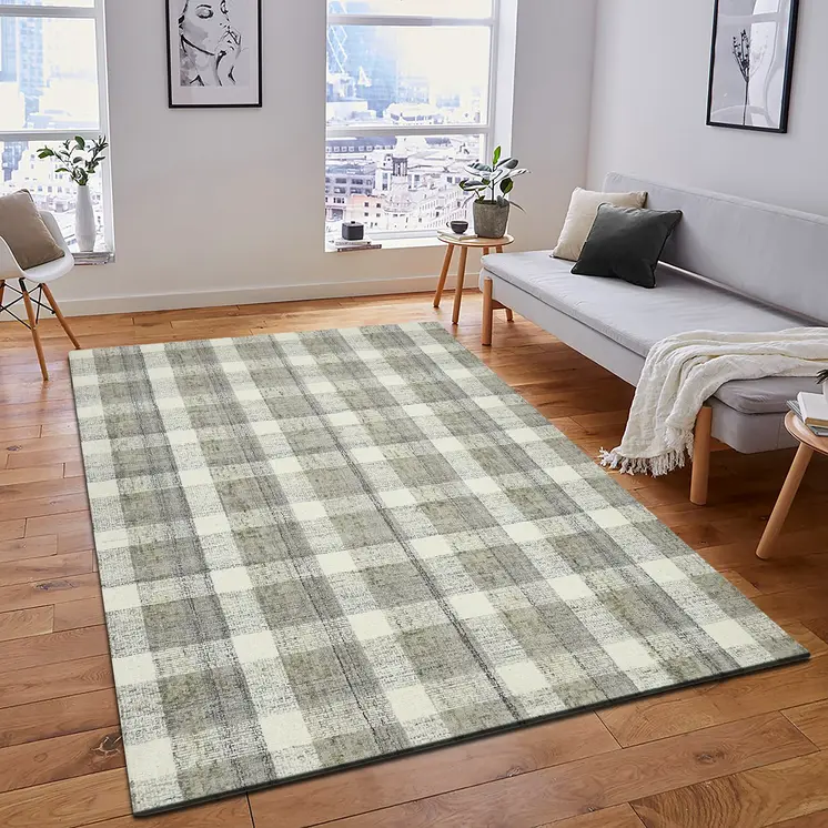 5' X 7' Gray And Ivory Wool Plaid Hand Tufted Area Rug