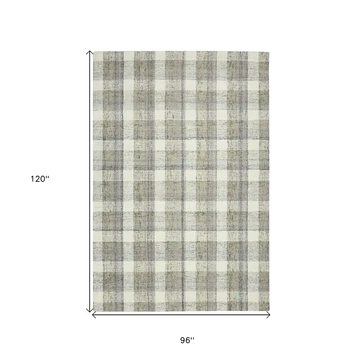 8' X 10' Gray And Ivory Wool Plaid Hand Tufted Area Rug