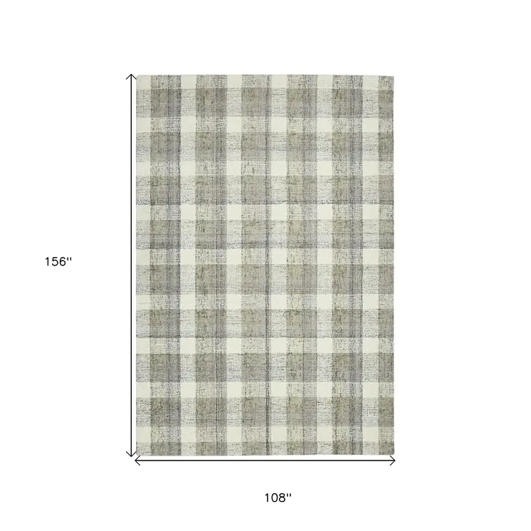 9' X 13' Gray And Ivory Wool Plaid Hand Tufted Area Rug