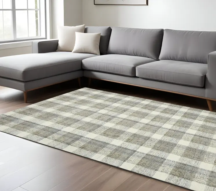 9' X 13' Gray And Ivory Wool Plaid Hand Tufted Area Rug