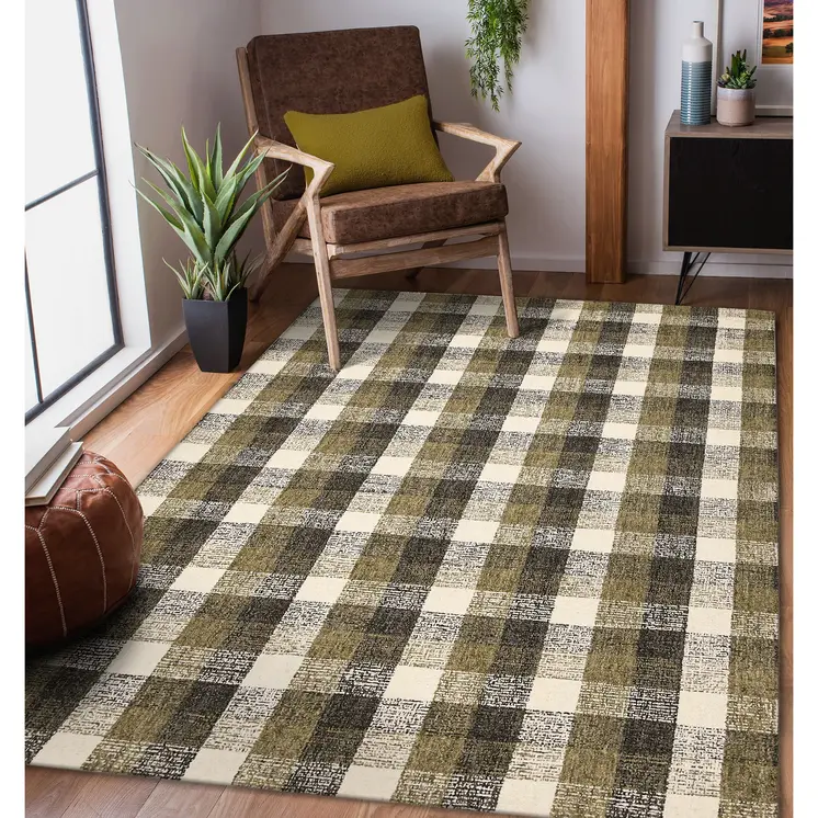 2' X 3' Charcoal Khaki And Ivory Wool Plaid Hand Tufted Area Rug