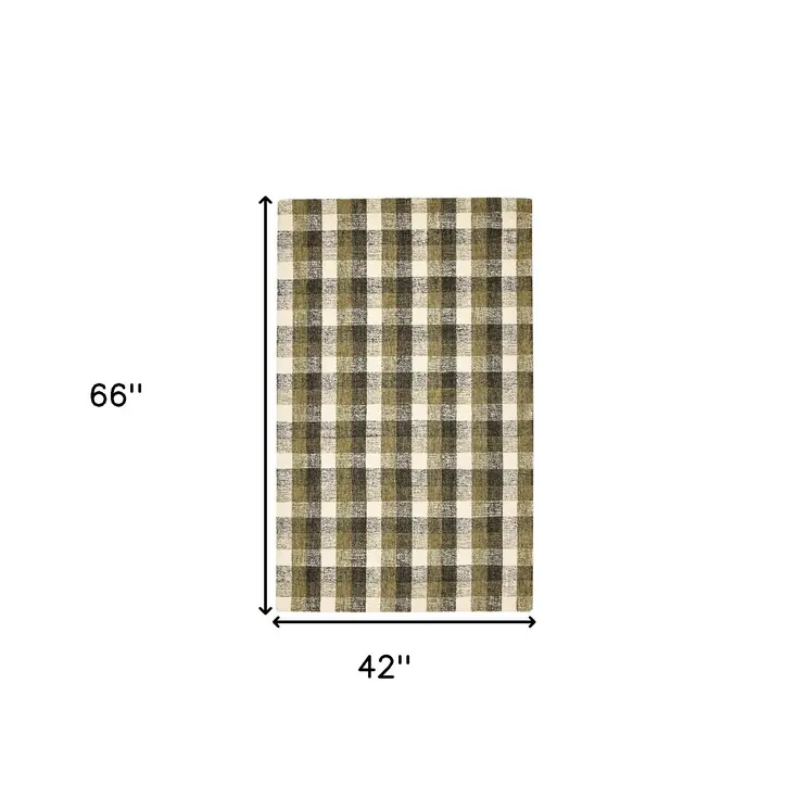 4' X 6' Charcoal Khaki And Ivory Wool Plaid Hand Tufted Area Rug