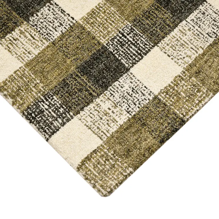5' X 7' Charcoal Khaki And Ivory Wool Plaid Hand Tufted Area Rug