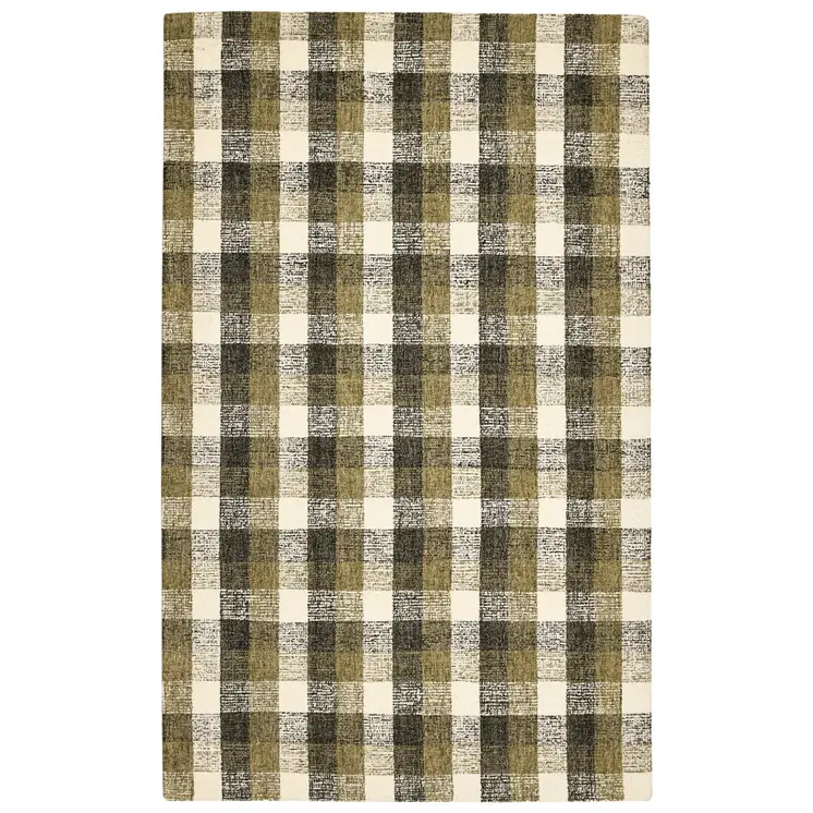 5' X 7' Charcoal Khaki And Ivory Wool Plaid Hand Tufted Area Rug