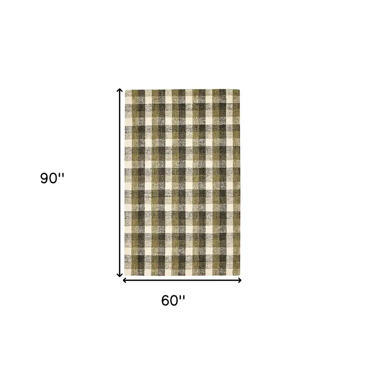 5' X 7' Charcoal Khaki And Ivory Wool Plaid Hand Tufted Area Rug
