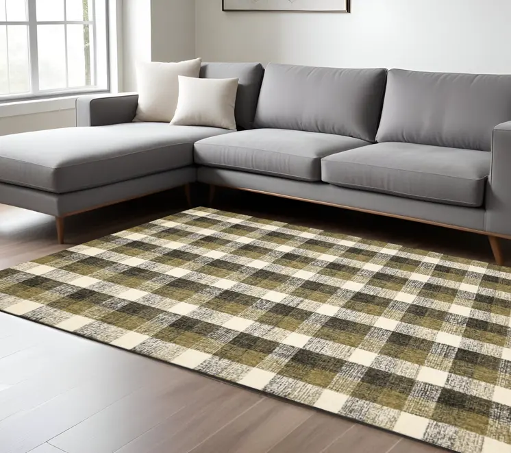8' X 10' Charcoal Khaki And Ivory Wool Plaid Hand Tufted Area Rug