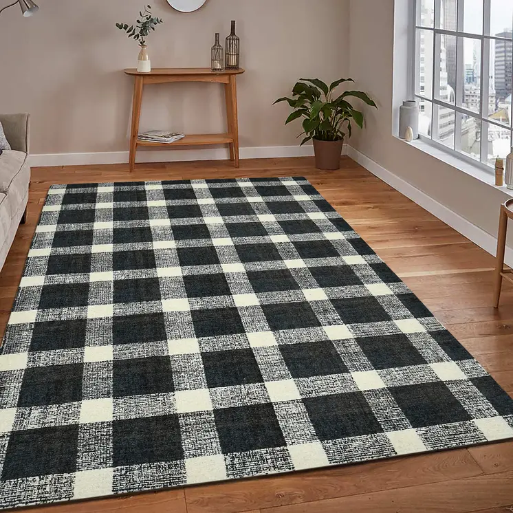 2' X 3' Charcoal And Ivory Wool Plaid Hand Tufted Area Rug