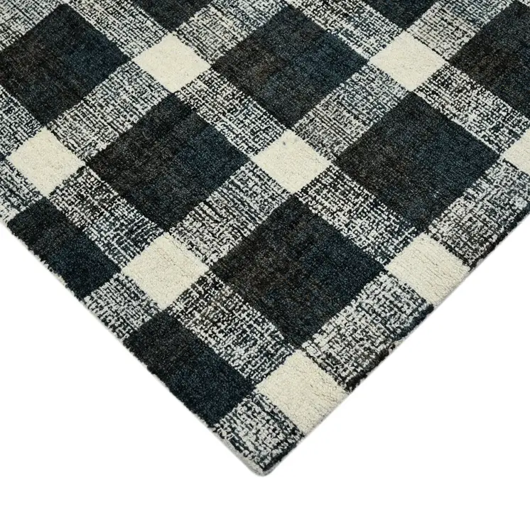 2' X 3' Charcoal And Ivory Wool Plaid Hand Tufted Area Rug