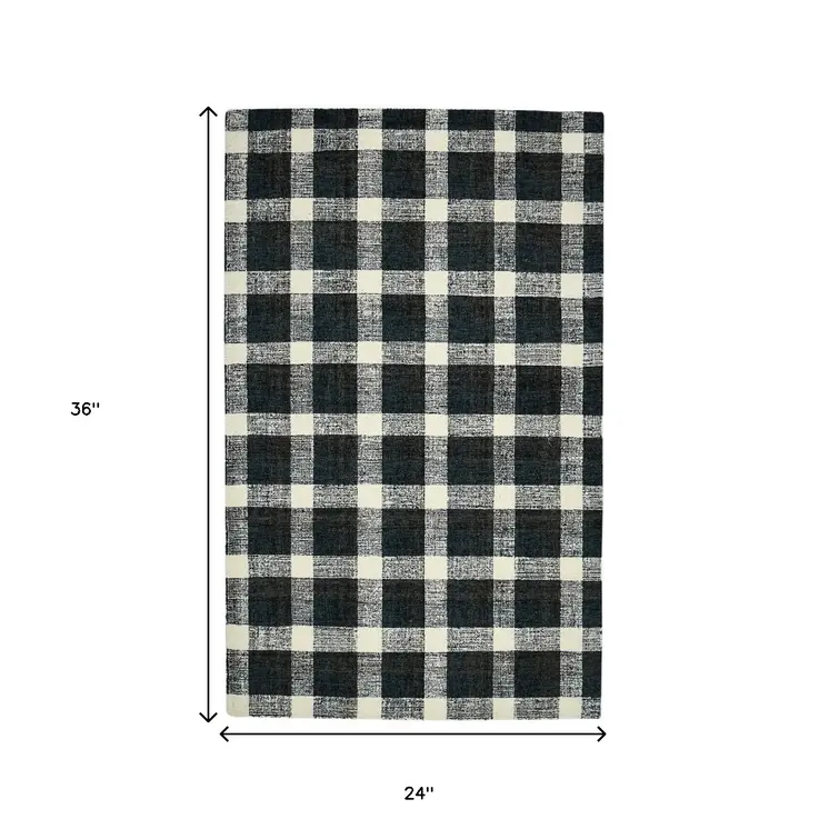 2' X 3' Charcoal And Ivory Wool Plaid Hand Tufted Area Rug