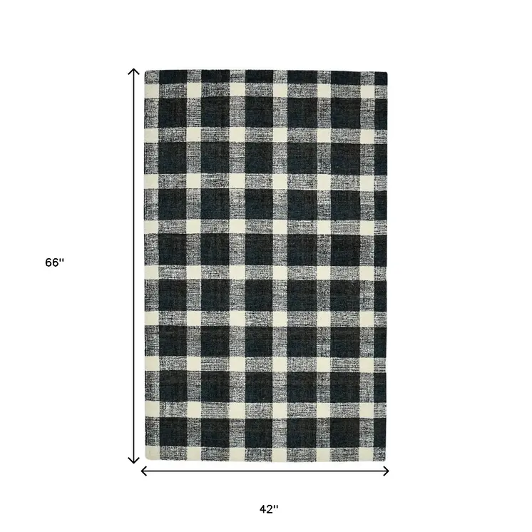 4' X 6' Charcoal And Ivory Wool Plaid Hand Tufted Area Rug