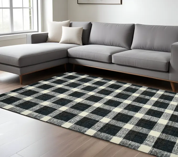 8' X 10' Charcoal And Ivory Wool Plaid Hand Tufted Area Rug
