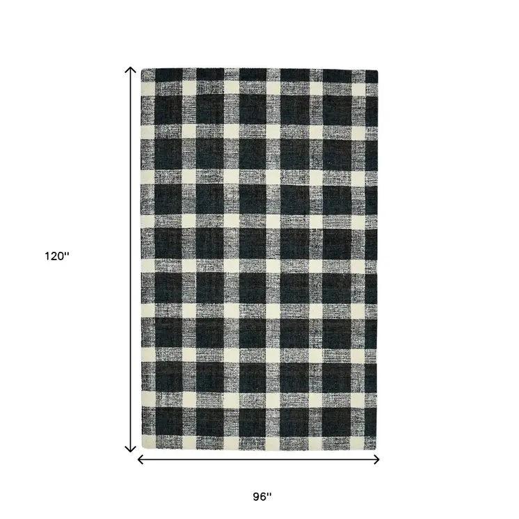 8' X 10' Charcoal And Ivory Wool Plaid Hand Tufted Area Rug