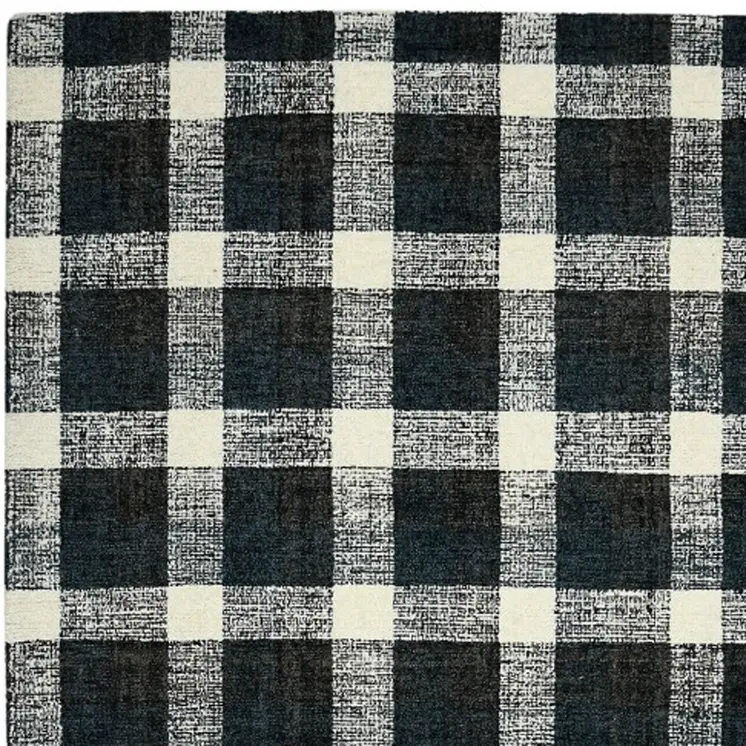 9' X 13' Charcoal And Ivory Wool Plaid Hand Tufted Area Rug