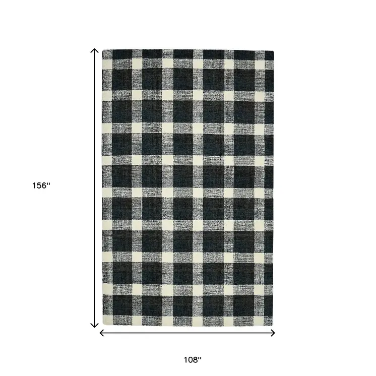 9' X 13' Charcoal And Ivory Wool Plaid Hand Tufted Area Rug