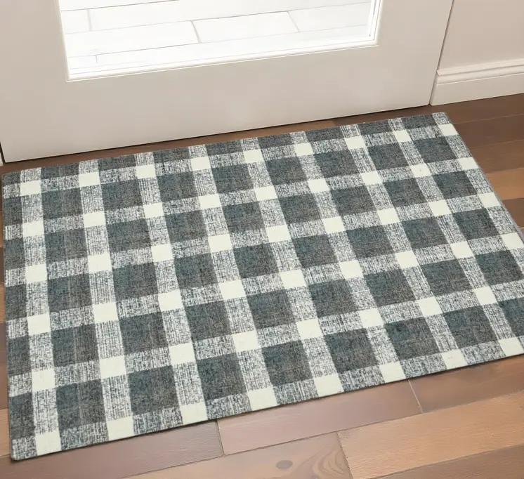 2' X 3' Dark Gray And Ivory Wool Plaid Hand Tufted Area Rug