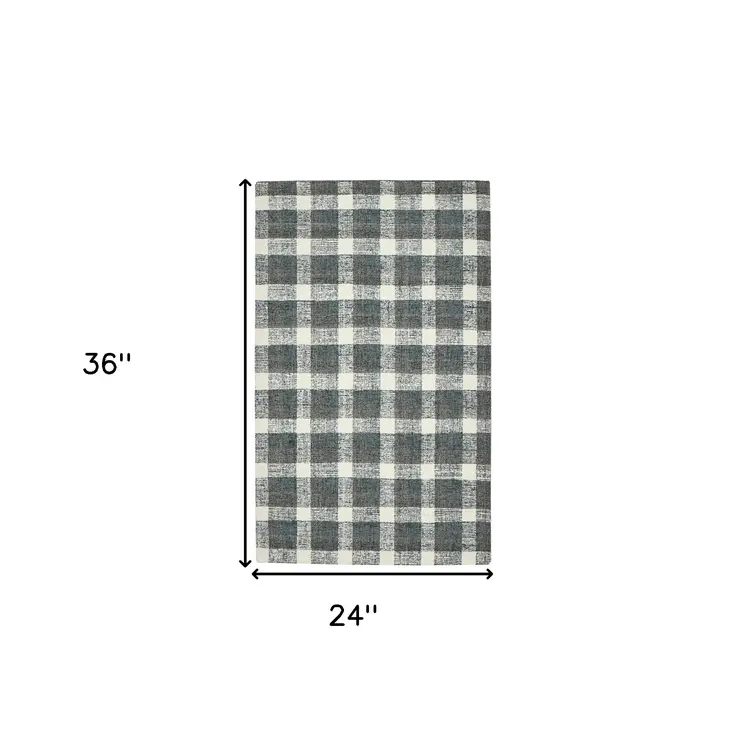 2' X 3' Dark Gray And Ivory Wool Plaid Hand Tufted Area Rug