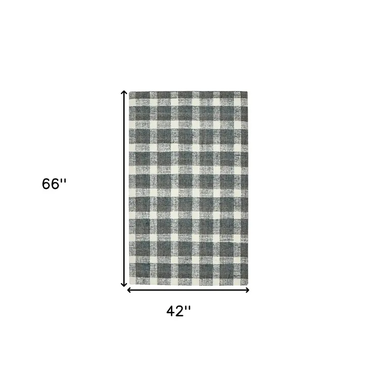 4' X 6' Dark Gray And Ivory Wool Plaid Hand Tufted Area Rug