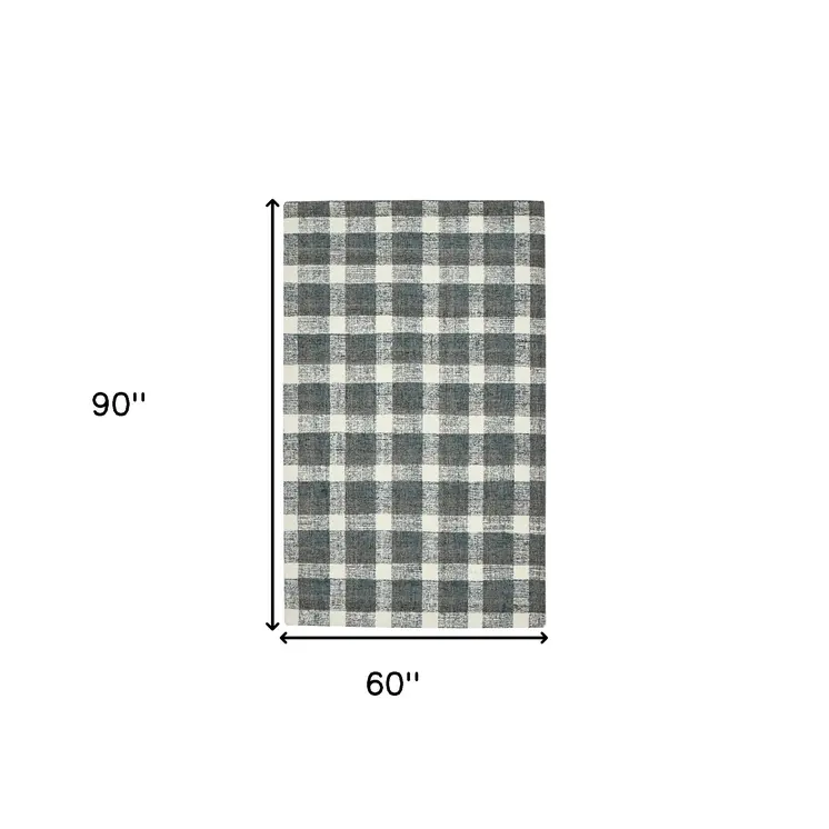 5' X 7' Dark Gray And Ivory Wool Plaid Hand Tufted Area Rug